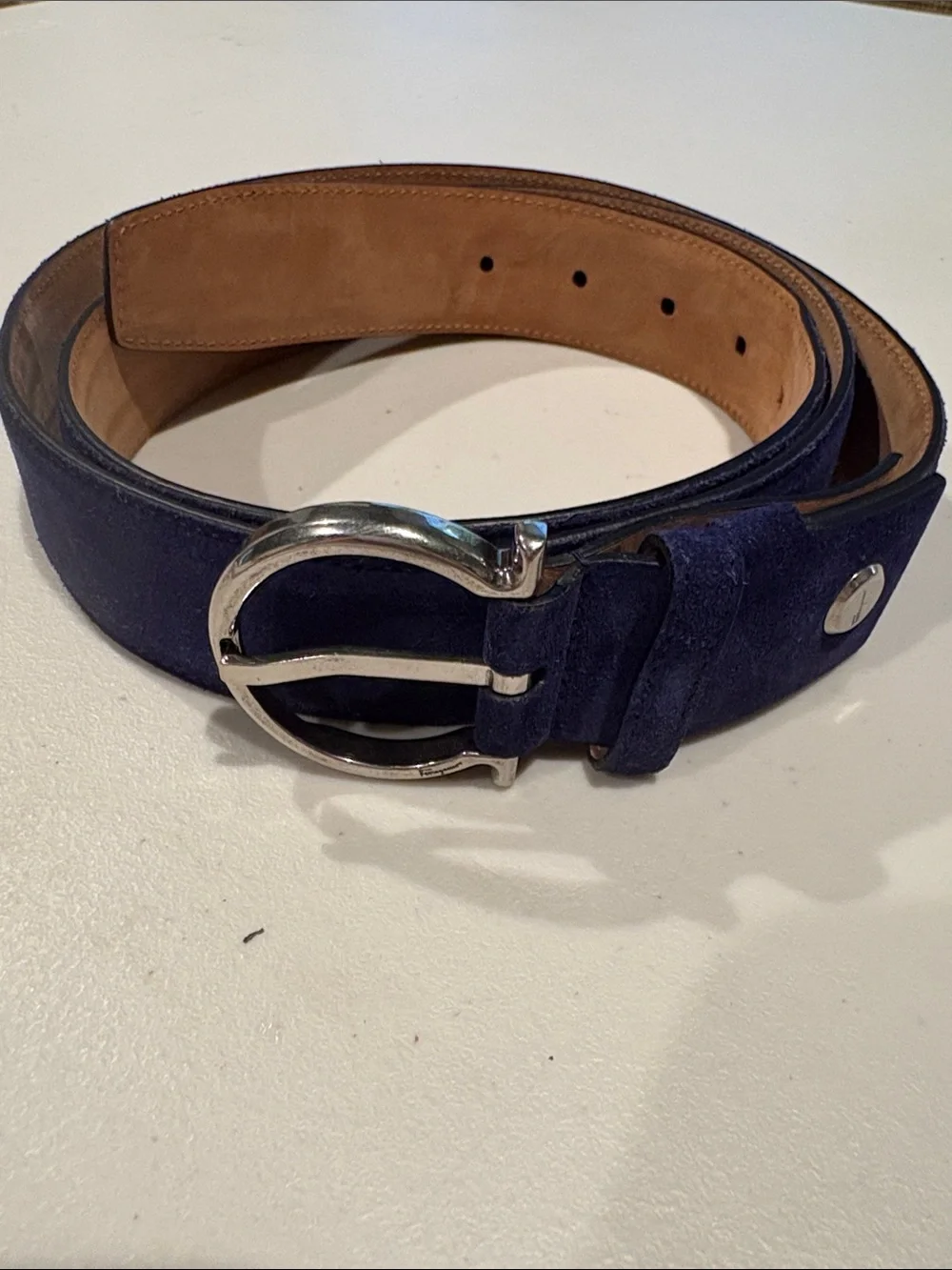 Salvatore Ferragamo - Men's Single Gancio Sude Belt. Navy Blue, Size 115 / US 40